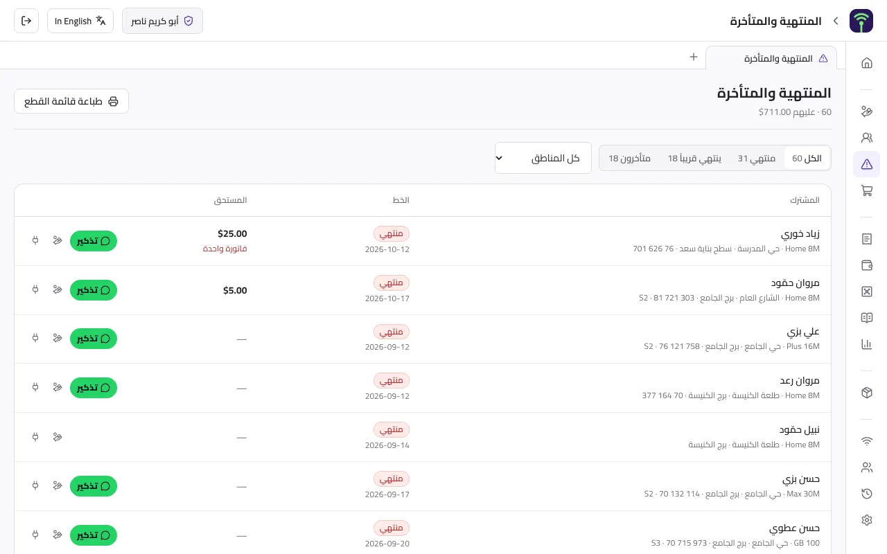 الخطوط المنتهية والمتأخرة، مع تذكير على واتساب وطباعة لائحة القطع